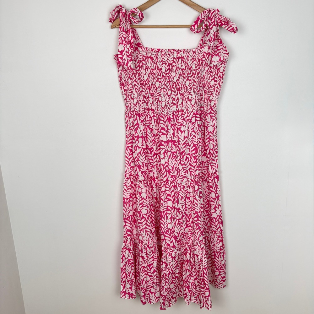 Sail to Sable Women Tie Strap Smocked Tiered Floral Midi Dress XL Pink Romantic